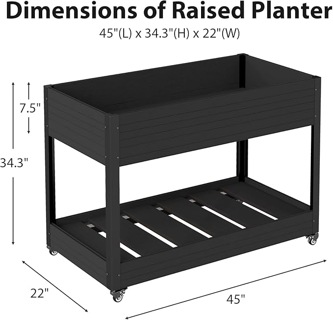 WPC Raised Garden Bed Waterproof Elevated Planter Box with Legs and Wheels for Outdoor Standing Patio Planters for Vegetables Flowers Herbs with Drainage Holes Black