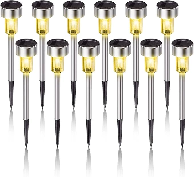 12PCS Solar Garden Stake Light Weatherproo for Outdoor Pathway LightingStainless Steel LED Landscape No Wires Required with Automatic Night Activation(Warm White)