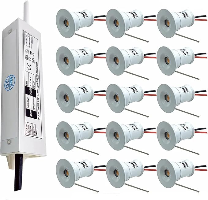 Mini Spotlight 1W Recessed Spot DC12V White Shell Lighting Angle 30° with Transformer 15Pack (Natural)