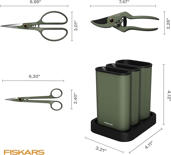 Fiskars Indoor Plant Care 3-Piece Set Precision Gardening Tools with Nesting Storage Caddy Detail Snips Stem Shears &amp Bypass Pruner for Trimming &amp Shaping Houseplants Stainless Steel Blade