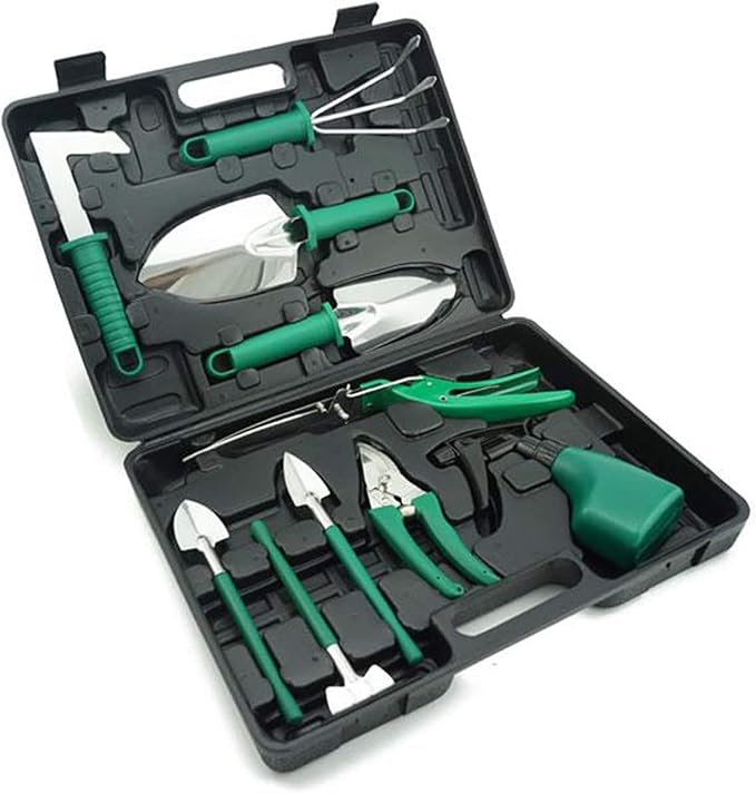 10 PCS Garden Hand Tools Set Planting KitGarden Work Tool with Carrying Case Gardening Tools with Water Proof and Never Mould ToteHandle Rake Weeder Trimmer Scissors Garden Hand Tool Belt Suitcase