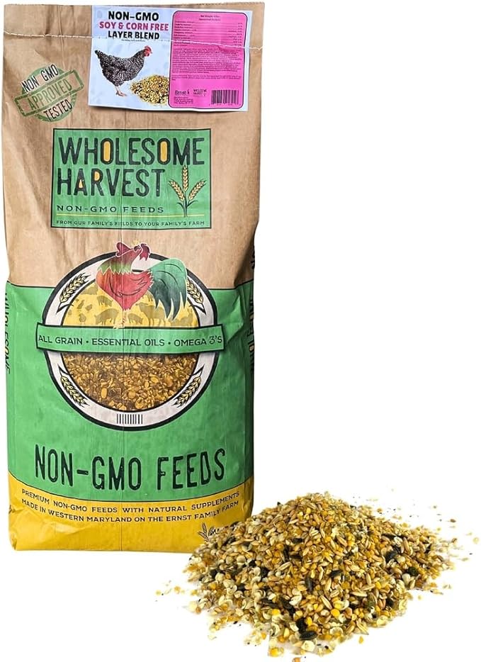 Non-GMO Soy and Corn Free Whole Grain Layer Blend 16% - Chicken Feed for Laying Hens and Ducks - Includes Essential Oils Herbs Oyster Shells Vital Minerals and Omega 3 40lb