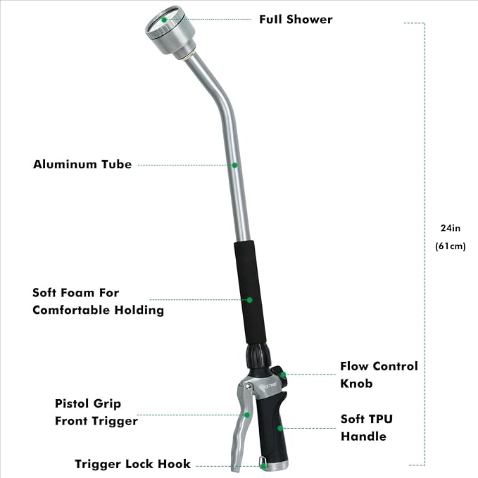 RESTMO Long Watering Wand 24 Inches Gentle Soft Full Shower Sprayer Wand with Flow Control Heavy Duty Metal Hose Wand for Hanging Baskets Shrubs Plants Flowers Garden and Lawn Black