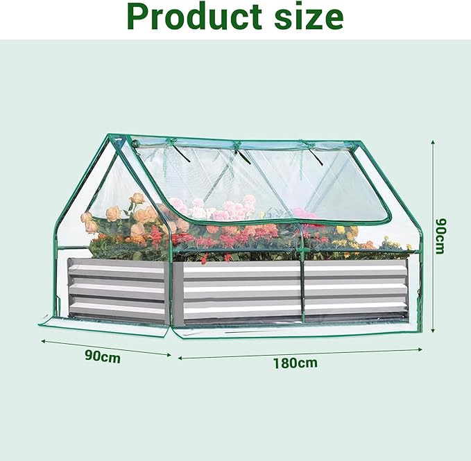 6x3x3Ft Raised Garden Bed with Greenhouse Extra-Thick Galvanized Metal Planter Box 2 Roll-Up Screen Windows 3-in-1 for Vegetables Flowers Herbs