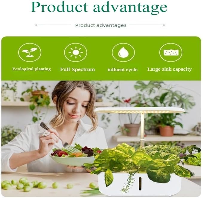 10-Hole Smart Plant Grow Light - Full Spectrum LED Lighting | 3.6L Auto Water/Oxygen Circulation | One-Touch Control | Indoor Vegetable/Fruit Growing Kit | Gardening Essential (White)