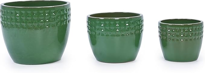 Handmade Ceramic Planter Set of 3 15129 Inch Diameter Green Diamond Pattern for Orchids Succulents IndoorOutdoor Use on Windowsill Bookshelf Breathable Clay