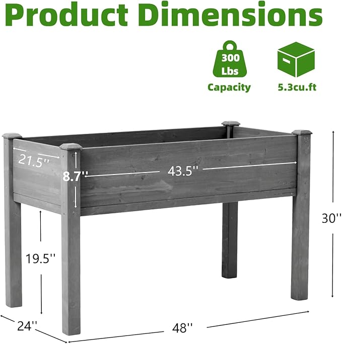 48x24x30In Raised Garden Bed with Legs – Wooden Planter Box with Bed Liner for Outdoor Flowers Vegetable Herb FruitErgonomic HeightPet &amp Animal Proof Plant stand for Backyard Patio Balcony Grey