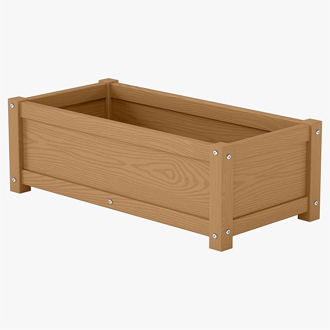 HDPE Planter Box All-Weather Outdoor Garden Bed Easy to Assemble Drainage System Low Maintenance Non-Fading for Flower/Herb/Seed (Teak)