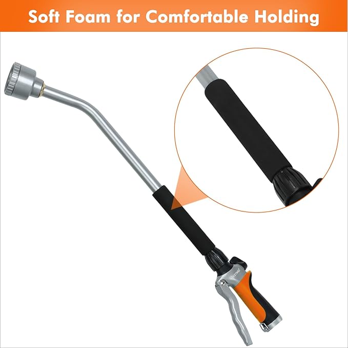 RESTMO Long Watering Wand 24 Inches Gentle Soft Full Shower Sprayer Wand with Flow Control Heavy Duty Metal Hose Wand for Hanging Baskets Shrubs Plants Flowers Garden and Lawn Orange