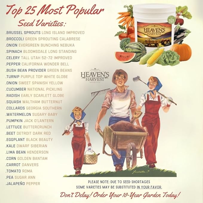 Heaven’s Harvest - 10 Year Survival Or Homestead Garden | 25k+ Heirloom Vegetable Seed Bank Kit | Includes Free Clyde’s Garden Planner &amp Seed Vault Storage Drum | Non-GMO