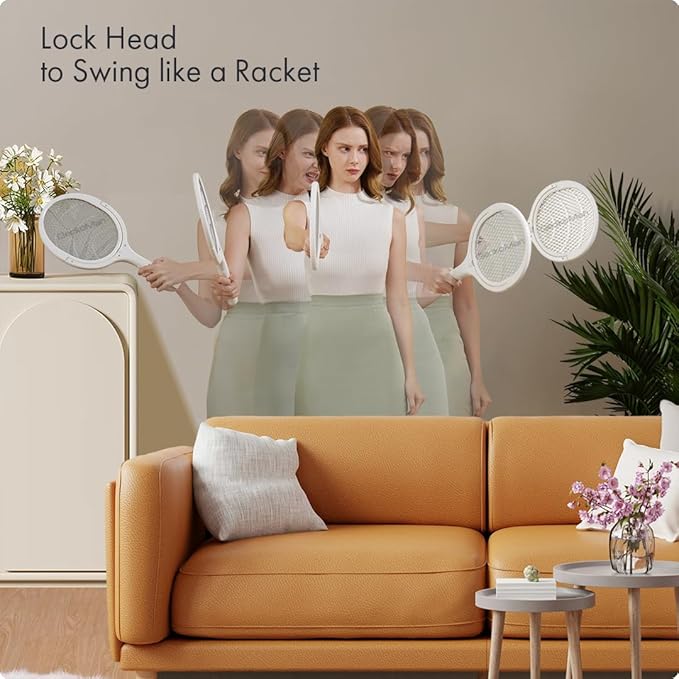 2-Pack GeckoMan Rotating Head Electric Fly Swatter Racket Rechargeable Bug Zapper Racket Bug Zapper Indoor Fly Zapper Mosquito Zapper Flies Killer for Indoors with 2 Telescopic Extensions