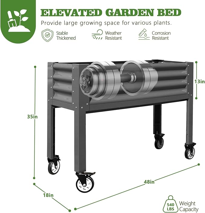 A ANLEOLIFE Elevated Raised Garden Bed with Lockable Wheels 48x18x35 in Galvanized Steel Planter Box with Legs Waist-High Design Reinforced Frame for Balcony Patio &amp Porch Quartz Grey
