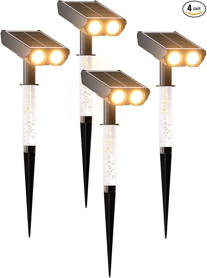 Solar Spotlights Outdoor Waterproof- 2 IN 1 Solar Spot Lights Outdoor with 2 Lighting Modes &amp PC Light Guide Column for Garden Yard Pathway | Warm Yellow 3000k Spotlights | IP65 Waterproof | 4 Pac