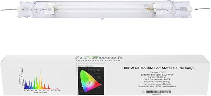 6000K 1000W Double Ended MH Grow Light Bulb1000 Watt DE Metal Halide Grow LampHigh PAR Enhanced Blue and Violet SpectrumCompatible with Ballasts of 1000W Double Ended HPS Bulb