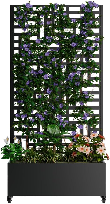Heavy-Duty Metal Planter Box with Built-in Trellis for Climbing Plants Vegetables and Vines – Rust-Resistant Raised Garden Bed with Drainage and Mobility Features (Black-2)
