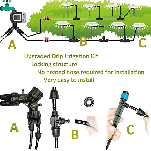 64FT Drip Irrigation Kit with Garden Timer Plant Watering System with Tubing Gushing Nozzles and Water Timer Quick Connector Kits Easy to Assemble