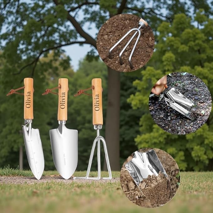 Personalized Garden Tool Set 3-Piece Stainless Steel Kit with Wooden Handles Hand Trowel Rake &amp Shovel for Planting and Weeding for Weeding Planting Transplant Ideal Garden Gift for Women&amp