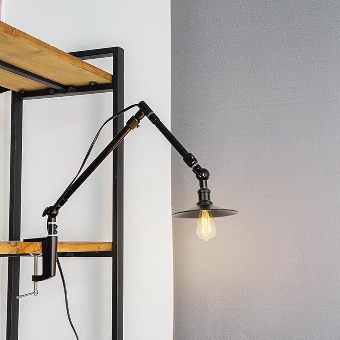 15Ft Timer Switch Cord Clip Mount Plant Growing Stand Socket Light Adjustable Length Black Shade Retro Design for Shelf Or Table Indoor Plants (No Bulb)
