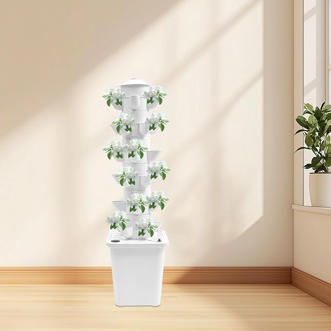 6-Tier Hydroponic Grow Tower Kit 30 Holes Planting Sites Indoor Garden System with Water Pump Self-Watering Vertical Gardening Kit for Lettuce Herbs Strawberries Vegetables Flowers White