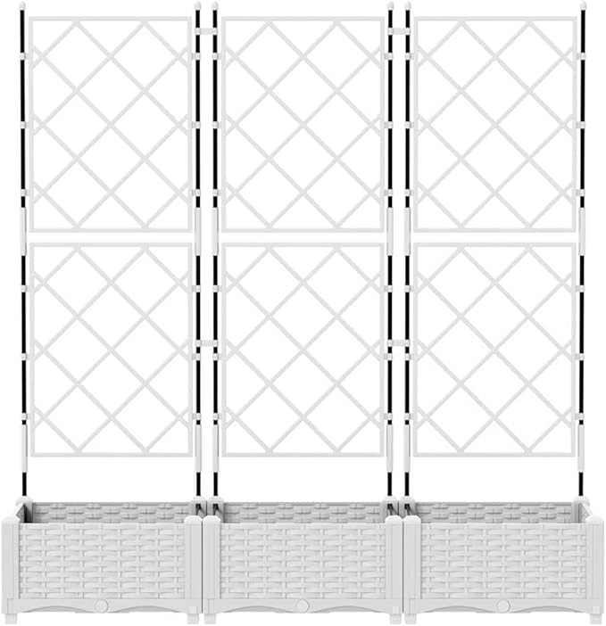 White PP Garden Planter with Trellis 3 Pcs Set 120 x 40 x 125.5 cm UV Resistant Raised Garden Bed for Outdoor Plants Gardening