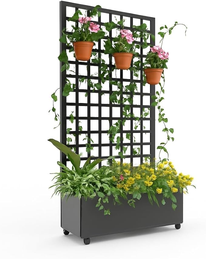 Metal Planter Box with Diamond Trellis 72X47 Galvanized Raised Garden Bed on Locking Wheels Deep Planter with Drainage for Climbing Plants Flowers Patio &amp Balcony Black