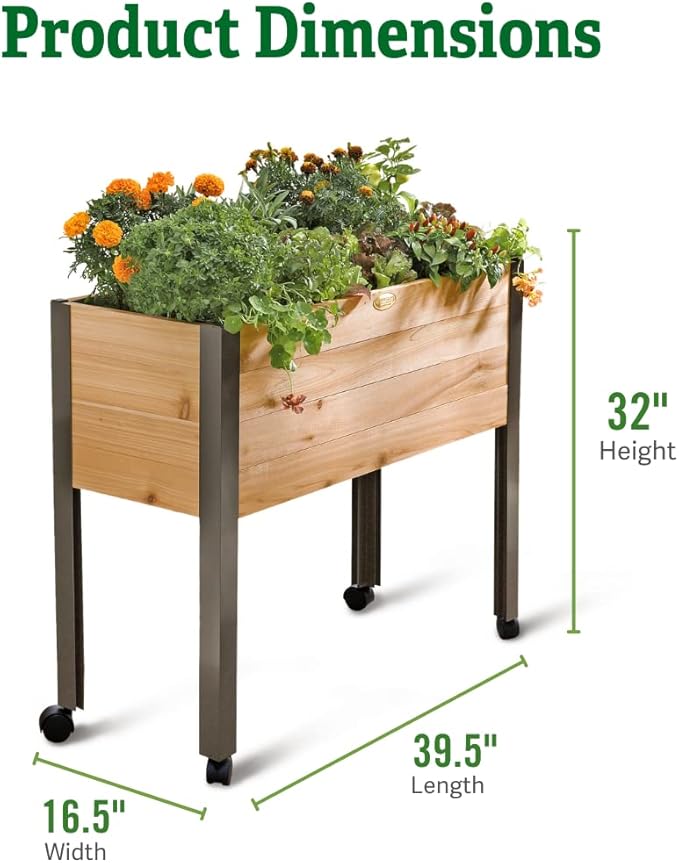 Gardener's Supply Company Raised Garden Bed Elevated Cedar Planter Box with Wheels | 39-1/2 L x 16-1/2 W x 32 H Rolling Planter for Outdoor Vegetables and Flower Gardening