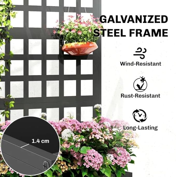 Galvanized Steel Raised Garden Bed with Trellis - Heavy-Duty Metal Planter Box for Vegetables &amp Climbing Plants Weather-Resistant Outdoor Vertical Garden Kit (Black)
