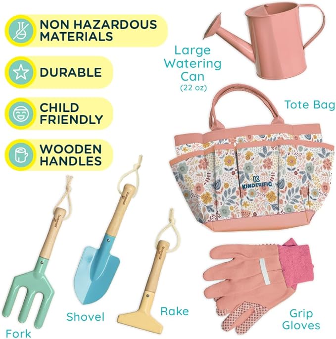 Gardening Set Tool Kit for Kids STEM Includes Tote Bag Spade Watering Can Rake Fork Trowel and Gloves (Petal)