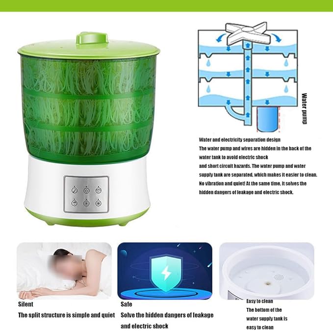 2 Layers Automatic Sprouts Growing Kit Intelligent Automatic Bean Sprouts Maker Healthy Material for SoybeanMung Bean Soybean Mung Bean Red