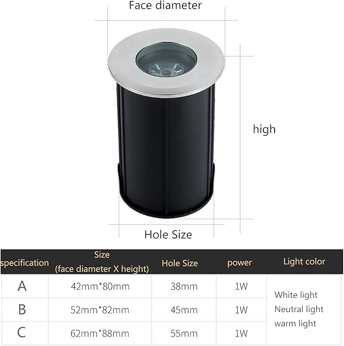 LED Underground Light Stainless Steel Outdoor Spotlight 110V1W Outdoor IP68 Waterproof for Courtyard Lawn Garden