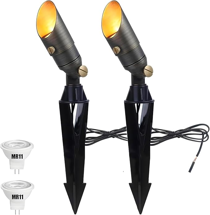 Brass Landscape Lights 12V Low Voltage Mini Spotlight Replaceable 3W MR11 LED Bulb Warm White Solid Brass Spot Light Weatherproof Accent Light for Outdoor Garden Yard Lighting 2-Pack