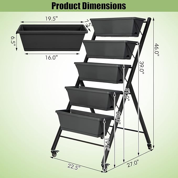 Vertical Garden Bed with Wheels 5 Tier Raised Garden Bed w/Removable Planter Boxes Lockable Wheels Drainage Holes Rolling Vertical Planter for Herb Vegetable Flower Outdoor Patio Balcony