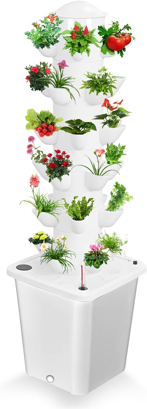 Hydroponic Growing System Kit Garden Tower with 10L Tank Indoor Garden System Soilless Cultivation Herbs Fruits Vegetables Vertical Plant Tower Hydroponic Tower (White)