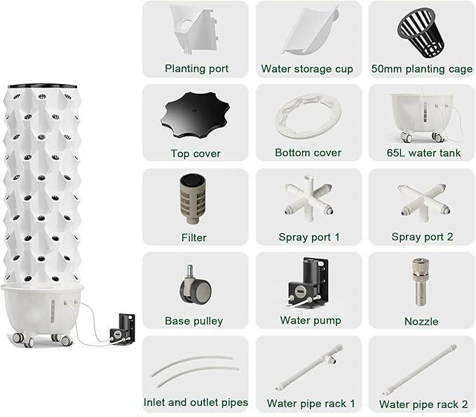 Vertical Hydroponic Grow Tower Aeroponic Tower for Herbs Fruits and Vegetables with Movable Water Tank Hydrating Pump Timer Adapter(X-Large)