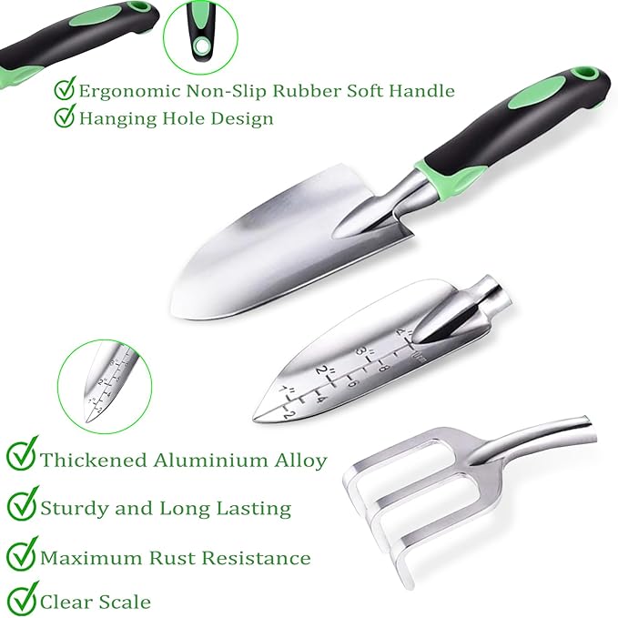 10 Piece Heavy-Duty Gardening Tools Set with Soil Moisture Meter - Rust-Proof Aluminum Gardening Hand Tools with Ergonomic Non-Slip Rubber Grips - Gardening Supplies Ideal Gift for Men &amp Women