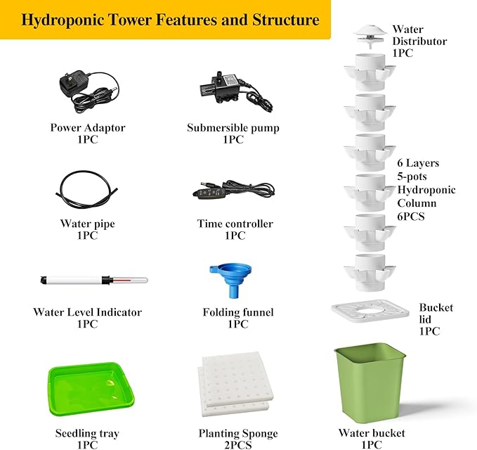 Hydroponics Growing System Kit 30 Pots Vertical Garden Planter with Pump and Timer Hydropoic Tower for Soilless Cultivation Herbs Fruits Vegetables Plant Gift for Gardening Lover(No Seed)