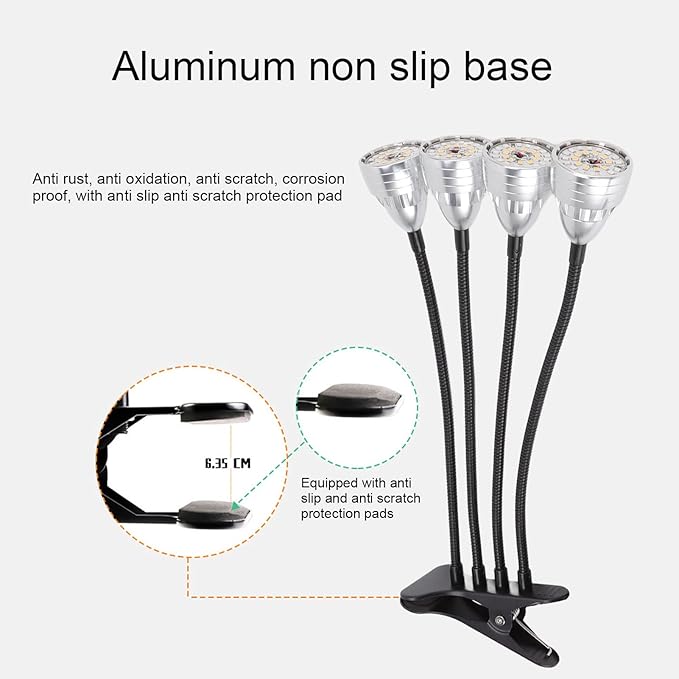 LED Grow Light Aluminium Alloy 4 Heads Bendable Adjustable USB Plant Light with Clip - Flexible 360 Degree Bending Full Indoor Growing Light Plants
