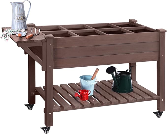 GUTINNEEN Raised Garden Bed for Herbs Patio Elevated Flower Planter Vegetable Boxes with Grow Grid - Large Storage Shelf Brown