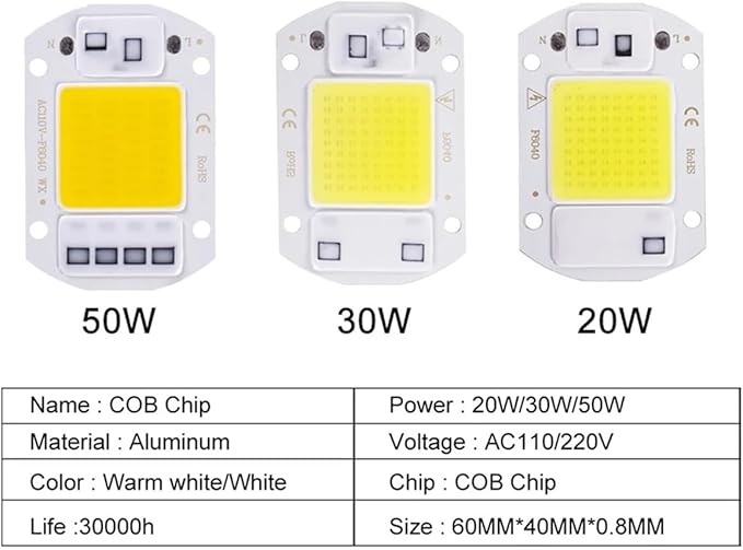 6PCS LED Chip AC 220V F6040 20W/30W/50W COB Lamp Bead Smart IC No Need Driver Outdoor Focus Spotlight Garden DIY Chip Lamp(6PCS 30W White)