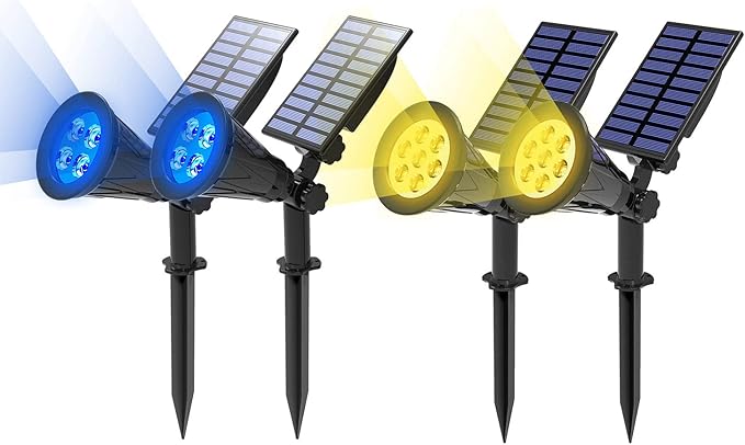 T-SUN Solar Spotlights Outdoor Waterproof Auto Turn ON/Off Solar Lights Blue 2 Pack &amp Yellow 2 Pack