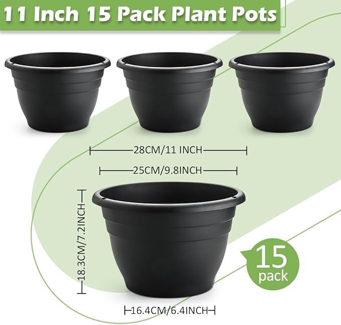 15 Pack 11 Inch Plant Pots with Drainage HolesBlack Plastic Flower Pots with Hanging HolesDurable Planters for Indoor &amp Outdoor PlantsNursery Pots
