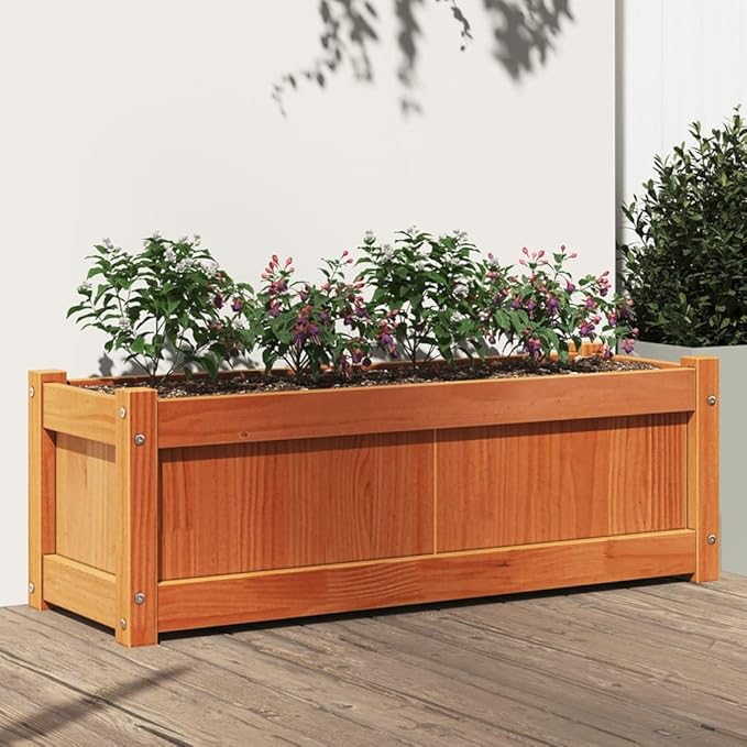 Garden Planter Solid Pine Wood Welded Wire Basket Raised Bed Galvanized Steel Fencing for Garden Walls Brown Wax Finish 35.4 x 12.2 x 12.2 in