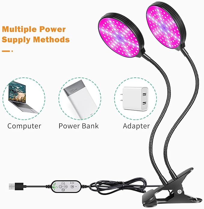 Sunlike LED Grow Light with Blue Red Light USB Powered 4/8 / 12H Timer &amp 5 Brightness Levels - Full Adjustable Gooseneck Waterproof Clip for Indoor Plants &amp Seedlings (Type 1)