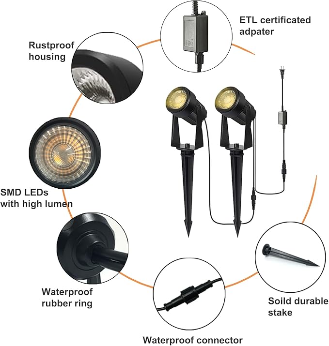 SUNTHIN 6 Pack Warm White Landscape Lighting with 4pcs 6.5FT Extension Cord for Outdoor Extend The Illumination Range