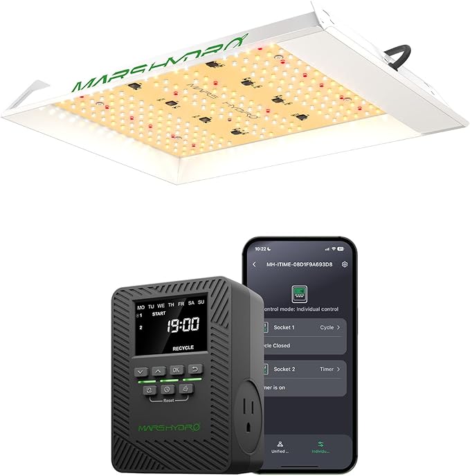 MARS HYDRO TS600 100W LED Grow Light for Beginners New Diodes Layout Full Spectrum Growing Lamps for Indoor Plants and ITime 2-in-1 Smart Timer Outlet Dual Outlet