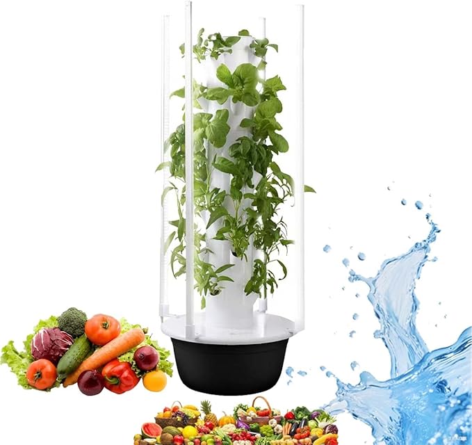 Vertical Hydroponic System with LED Grow Light Timer &amp Pump Indoor Garden Tower for Herbs &amp Leafy Greens ABS Material 5/7/9 Layers Easy Maintenance(20Holes+LED)