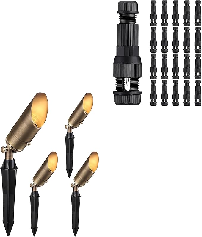 LEONLITE Landscape Spotlights Bundle Wire Connectors 4-Pack Adjustable Solid Cast Brass Landscape Spotlights Work with MR16 Bulb IP65 &amp 20-Pack Fastlock Wire Connectors for Landscape Lighting