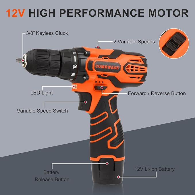 COMOWARE Cordless Drill Set 12V Power Drill with Battery &amp Charger 3/8 Keyless Chuck 23Pcs Driver Bits Orange Storage Bag included