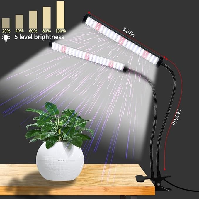 LED Grow Light Full Spectrum 6000K Clip Plant Light with White &amp Red LEDs - 5-Level Dimmable Auto Timer 4812H for Indoor Plants(4-Pack)