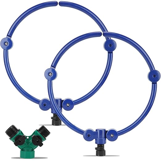 2Pcs 360° Tree Water System Tree Watering Ring 13 Inch Circle Sprinkler and Irrigation System Targeted Water with Y Hose Splitter for New Tree Outdoor Plants Raised Garden Beds Shrubs (Blue Small)